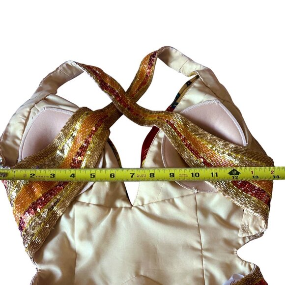 Vibrant Multicolor Sequin Satin Gown Open Back Floor Length Formal Dress Size 4 - Picture 11 of 14